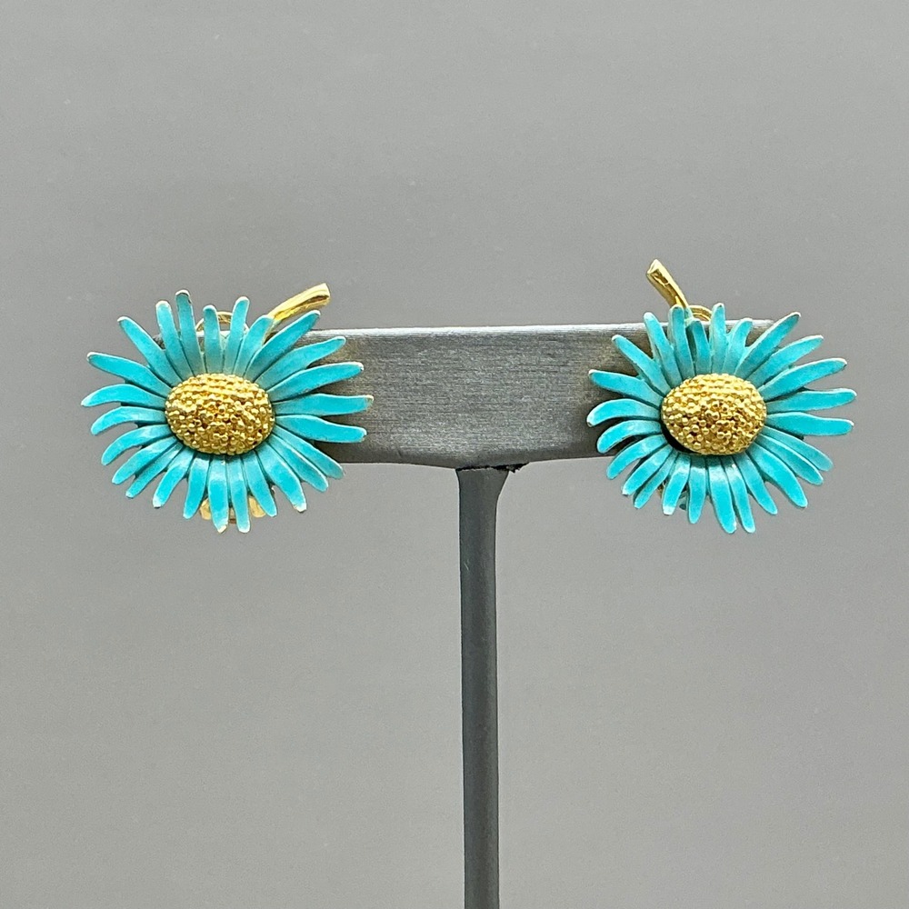 Marvella Earrings Vintage Turquoise Blue Enamel Daisy Flower Gold Tone Clip On